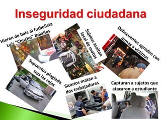 Delincuentes agreden con armas a víctimas Capturan a sujetos que atacaron a estudiante Hieren de bala al futbolista Luis "Chucho" Bolaños Supuestos plagiadores tras las rejas Sujetos asaltan local de motos Sicarios matan a dos trabajadores 