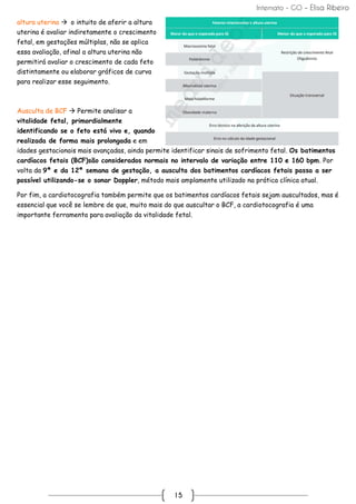 Internato - GO – Elisa Ribeiro
15
altura uterina → o intuito de aferir a altura
uterina é avaliar indiretamente o crescimento
fetal, em gestações múltiplas, não se aplica
essa avaliação, afinal a altura uterina não
permitirá avaliar o crescimento de cada feto
distintamente ou elaborar gráficos de curva
para realizar esse seguimento.
Ausculta de BCF → Permite analisar a
vitalidade fetal, primordialmente
identificando se o feto está vivo e, quando
realizada de forma mais prolongada e em
idades gestacionais mais avançadas, ainda permite identificar sinais de sofrimento fetal. Os batimentos
cardíacos fetais (BCF)são considerados normais no intervalo de variação entre 110 e 160 bpm. Por
volta da 9ª e da 12ª semana de gestação, a ausculta dos batimentos cardíacos fetais passa a ser
possível utilizando-se o sonar Doppler, método mais amplamente utilizado na prática clínica atual.
Por fim, a cardiotocografia também permite que os batimentos cardíacos fetais sejam auscultados, mas é
essencial que você se lembre de que, muito mais do que auscultar o BCF, a cardiotocografia é uma
importante ferramenta para avaliação da vitalidade fetal.
 