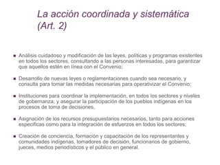 La acción coordinada y sistemática
(Art. 2)
 Análisis cuidadoso y modificación de las leyes, políticas y programas existentes
en todos los sectores, consultando a las personas interesadas, para garantizar
que aquellos estén en línea con el Convenio;
 Desarrollo de nuevas leyes o reglamentaciones cuando sea necesario, y
consulta para tomar las medidas necesarias para operativizar el Convenio;
 Instituciones para coordinar la implementación, en todos los sectores y niveles
de gobernanza; y asegurar la participación de los pueblos indígenas en los
procesos de toma de decisiones,
 Asignación de los recursos presupuestarios necesarios, tanto para acciones
especificas como para la integración de esfuerzos en todos los sectores;
 Creación de conciencia, formación y capacitación de los representantes y
comunidades indígenas, tomadores de decisión, funcionarios de gobierno,
jueces, medios periodísticos y el público en general.
 