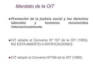 Mandato de la OIT
 Promoción de la justicia social y los derechos
laborales y humanos reconocidos
internacionalmente.
 CIT adopto el Convenio Nº 107 de la OIT (1955).
NO ESTA ABIERTO A RATIFICACIONES
 CIT adoptó el Convenio Nº169 de la OIT (1989).
 