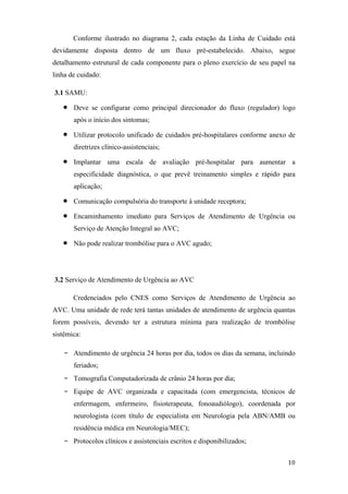 Conforme ilustrado no diagrama 2, cada estação da Linha de Cuidado está
devidamente disposta dentro de um fluxo pré-estabelecido. Abaixo, segue
detalhamento estrutural de cada componente para o pleno exercício de seu papel na
linha de cuidado:

3.1 SAMU:

       Deve se configurar como principal direcionador do fluxo (regulador) logo
       após o início dos sintomas;

       Utilizar protocolo unificado de cuidados pré-hospitalares conforme anexo de
       diretrizes clínico-assistenciais;

       Implantar uma escala de avaliação pré-hospitalar para aumentar a
       especificidade diagnóstica, o que prevê treinamento simples e rápido para
       aplicação;

       Comunicação compulsória do transporte à unidade receptora;

       Encaminhamento imediato para Serviços de Atendimento de Urgência ou
       Serviço de Atenção Integral ao AVC;

       Não pode realizar trombólise para o AVC agudo;




3.2 Serviço de Atendimento de Urgência ao AVC

       Credenciados pelo CNES como Serviços de Atendimento de Urgência ao
AVC. Uma unidade de rede terá tantas unidades de atendimento de urgência quantas
forem possíveis, devendo ter a estrutura mínima para realização de trombólise
sistêmica:

   -   Atendimento de urgência 24 horas por dia, todos os dias da semana, incluindo
       feriados;
   -   Tomografia Computadorizada de crânio 24 horas por dia;
   -   Equipe de AVC organizada e capacitada (com emergencista, técnicos de
       enfermagem, enfermeiro, fisioterapeuta, fonoaudiólogo), coordenada por
       neurologista (com título de especialista em Neurologia pela ABN/AMB ou
       residência médica em Neurologia/MEC);
   -   Protocolos clínicos e assistenciais escritos e disponibilizados;
 