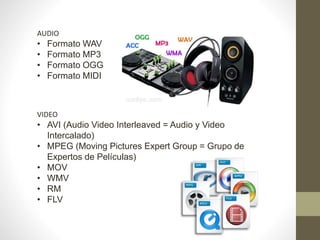 AUDIO
• Formato WAV
• Formato MP3
• Formato OGG
• Formato MIDI
VIDEO
• AVI (Audio Video Interleaved = Audio y Video
Intercalado)
• MPEG (Moving Pictures Expert Group = Grupo de
Expertos de Películas)
• MOV
• WMV
• RM
• FLV
 