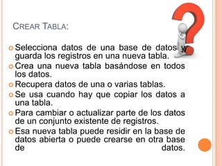 Crear Tabla:Selecciona datos de una base de datos y guarda los registros en una nueva tabla.Crea una nueva tabla basándose en todos los datos.Recupera datos de una o varias tablas.Se usa cuando hay que copiar los datos a una tabla.Para cambiar o actualizar parte de los datos de un conjunto existente de registros.Esa nueva tabla puede residir en la base de datos abierta o puede crearse en otra base de datos.