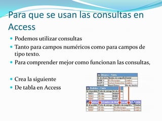 Para que se usan las consultas en AccessPodemos utilizar consultas Tanto para campos numéricos como para campos de tipo texto. Para comprender mejor como funcionan las consultas, Crea la siguienteDe tabla en Access 