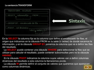 La sentencia TRANSFORM




En la SELECT la columna fija es la columna que define el encabezado de filas, el
origen que indicamos en la cláusula FROM es la tabla (o tablas) de donde sacamos la
información, y en la cláusula GROUP BY ponemos la columna que va a definir las filas
del resultado.
  La SELECT puede contener una cláusula WHERE para seleccionar la filas que se
utilizan para calcular el resultado, puede contener subconsultas pero no la cláusula
HAVING.
  En la cláusula PIVOT indicamos la columna cuyos valores van a definir columnas
dinámicas del resultado a esta columna la llamaremos pivote.
  La cláusula IN permite definir el conjunto de valores que queremos que aparezcan
como columnas dinámicas.
 