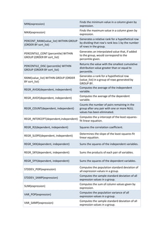 MIN(expression)
Finds the minimum value in a column given by
expression.
MAX(expression)
Finds the maximum value in a column given by
expression.
PERCENT_RANK(value_list) WITHIN GROUP
(ORDER BY sort_list)
Generates a relative rank for a hypothetical row
by dividing that row's rank less 1 by the number
of rows in the group.
PERCENTILE_CONT (percentile) WITHIN
GROUP (ORDER BY sort_list)
Generates an interpolated value that, if added
to the group, would correspond to the
percentile given.
PERCENTILE_DISC (percentile) WITHIN
GROUP (ORDER BY sort_list)
Returns the value with the smallest cumulative
distribution value greater than or equal to
percentile.
RANK(value_list) WITHIN GROUP (ORDER
BY sort_list)
Generates a rank for a hypothetical row
(value_list) in a group of rows generated by
GROUP BY.
REGR_AVGX(dependent, independent)
Computes the average of the independent
variable.
REGR_AVGY(dependent, independent)
Computes the average of the dependent
variable.
REGR_COUNT(dependent, independent)
Counts the number of pairs remaining in the
group after any pair with one or more NULL
values has been eliminated.
REGR_INTERCEPT(dependent,independent)
Computes the y-intercept of the least-squares-
fit linear equation.
REGR_R2(dependent, independent) Squares the correlation coefficient.
REGR_SLOPE(dependent, independent)
Determines the slope of the least-squares-fit
linear equation.
REGR_SXX(dependent, independent) Sums the squares of the independent variables.
REGR_SXY(dependent, independent) Sums the products of each pair of variables.
REGR_SYY(dependent, independent) Sums the squares of the dependent variables.
STDDEV_POP(expression)
Computes the population standard deviation of
all expression values in a group.
STDDEV_SAMP(expression)
Computes the sample standard deviation of all
expression values in a group.
SUM(expression)
Computes the sum of column values given by
expression.
VAR_POP(expression)
Computes the population variance of all
expression values in a group.
VAR_SAMP(expression)
Computes the sample standard deviation of all
expression values in a group.
 