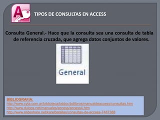 TIPOS DE CONSULTAS EN ACCESS


Consulta General.- Hace que la consulta sea una consulta de tabla
   de referencia cruzada, que agrega datos conjuntos de valores.




BIBLIOGRAFIA:
http://www.cyta.com.ar/biblioteca/bddoc/bdlibros/manualdeaccess/consultas.htm
http://www.duiops.net/manuales/access/access4.htm
http://www.slideshare.net/karelbatallas/consultas-de-access-7487388
 