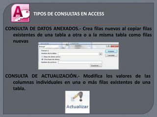 TIPOS DE CONSULTAS EN ACCESS

CONSULTA DE DATOS ANEXADOS.- Crea filas nuevas al copiar filas
  existentes de una tabla a otra o a la misma tabla como filas
  nuevas




CONSULTA DE ACTUALIZACIÓN.- Modifica los valores de las
  columnas individuales en una o más filas existentes de una
  tabla.
 