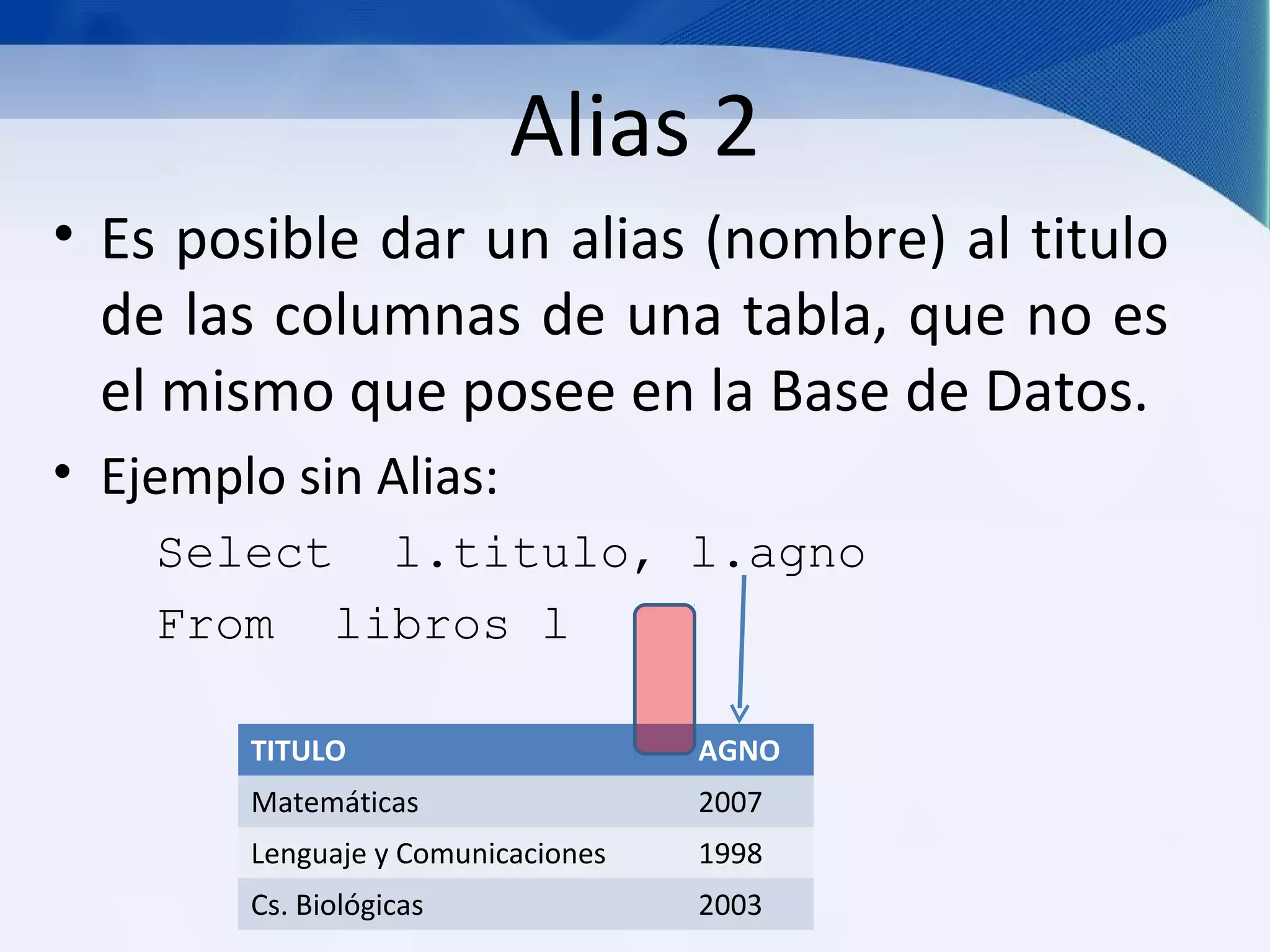 Alias 2
• Es posible dar un alias (nombre) al titulo
  de las columnas de una tabla, que no es
  el mismo que posee en la Base de Datos.
• Ejemplo sin Alias:
    Select l.titulo, l.agno
    From libros l

        TITULO                      AGNO
        Matemáticas                 2007
        Lenguaje y Comunicaciones   1998
        Cs. Biológicas              2003
 