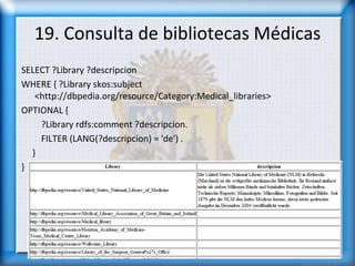 19. Consulta de bibliotecas Médicas
SELECT ?Library ?descripcion
WHERE { ?Library skos:subject
   <http://dbpedia.org/resource/Category:Medical_libraries>
OPTIONAL {
    ?Library rdfs:comment ?descripcion.
    FILTER (LANG(?descripcion) = 'de') .
  }
}
 