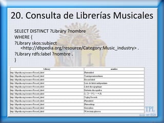 20. Consulta de Librerías Musicales
SELECT DISTINCT ?Library ?nombre
WHERE {
?Library skos:subject
   <http://dbpedia.org/resource/Category:Music_industry> .
?Library rdfs:label ?nombre .
}
 