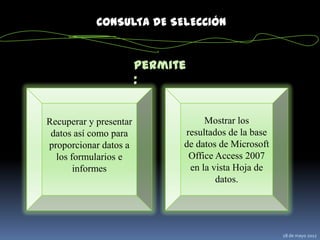 CONSULTA DE SELECCIÓN


                        Permite
                        :


Recuperar y presentar              Mostrar los
 datos así como para          resultados de la base
proporcionar datos a          de datos de Microsoft
  los formularios e            Office Access 2007
       informes                en la vista Hoja de
                                      datos.




                                                      28 de mayo 2012
 