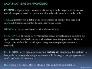 CADA FILA TIENE UN PROPÓSITO:

CAMPO: ahí ponemos el campo a utilizar que en la mayoría de los casos
será el campo a visualizar, puede ser el nombre de un campo de la tabla.

TABLA: nombre de la tabla de la que sacamos el campo. Nos será útil
cuando definamos consultas basadas en varias tablas.

ORDEN: sirve para ordenar las filas del resultado.

MOSTRAR: si la casilla de verificación aparece desactivada la columna no
aparecerá en el resultado, se suele desactivar cuando queremos utilizar el
campo para definir la consulta pero no queremos que aparezca en el
resultado.

CRITERIOS: sirve para especificar un criterio de búsqueda. Un criterio de
búsqueda es una condición que deben cumplir los registros que aparecerán
en el resultado de la consulta.

O: esta fila y las siguientes se utilizan para combinar condiciones.
                                                                       28 de mayo 2012
 