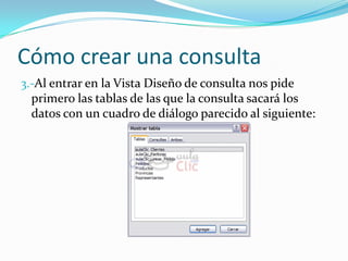 Cómo crear una consulta3.-Al entrar en la Vista Diseño de consulta nos pide primero las tablas de las que la consulta sacará los datos con un cuadro de diálogo parecido al siguiente: