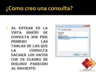 3.   Al entrar en la
     Vista Diseño de
     consulta nos pide
     primero        las
     tablas de las que
     la        consulta
     sacará los datos
     con un cuadro de
     diálogo parecido
     al siguiente:
 