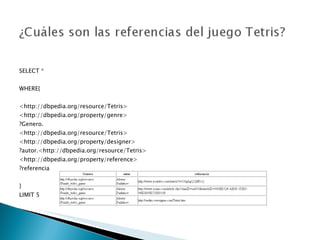   SELECT *   WHERE{   <http://dbpedia.org/resource/Tetris>  <http://dbpedia.org/property/genre>  ?Genero.  <http://dbpedia.org/resource/Tetris>  <http://dbpedia.org/property/designer> ?autor.<http://dbpedia.org/resource/Tetris>  <http://dbpedia.org/property/reference> ?referencia } LIMIT 5 