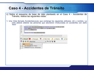 Caso 4 - Accidentes de Tránsito
c) Sobre el esquema de base de dato planteado en el Caso 4 - Accidentes de
Tránsito, realice las siguientes vistas:
1. Una Vista llamada AccidentesLeves que contenga los siguientes atributos: dni y nombre. La
vista deberá obtener las personas que estuvieron involucradas en accidentes con daño
“leve”
 
