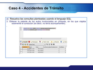 Caso 4 - Accidentes de Tránsito
a) Resuelva las consultas planteadas usando el lenguaje SQL
3. Obtener la patente de los autos involucrados en choques, en los que viajaba
solamente el conductor (es decir, no tenía acompañantes).
.
 