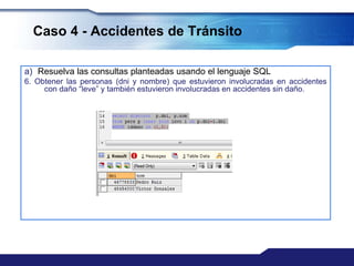 Caso 4 - Accidentes de Tránsito
a) Resuelva las consultas planteadas usando el lenguaje SQL
6. Obtener las personas (dni y nombre) que estuvieron involucradas en accidentes
con daño “leve” y también estuvieron involucradas en accidentes sin daño.
 