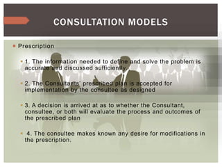  Prescription
 1. The information needed to define and solve the problem is
accurate and discussed sufficiently.
 2. The Consultants’ prescribed plan is accepted for
implementation by the consultee as designed
 3. A decision is arrived at as to whether the Consultant,
consultee, or both will evaluate the process and outcomes of
the prescribed plan
 4. The consultee makes known any desire for modifications in
the prescription.
CONSULTATION MODELS
 