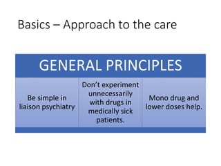Basics – Approach to the care
GENERAL PRINCIPLES
Be simple in
liaison psychiatry
Don’t experiment
unnecessarily
with drugs in
medically sick
patients.
Mono drug and
lower doses help.
 