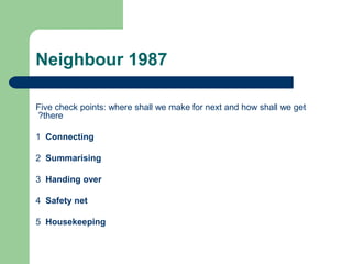 Neighbour 1987
Five check points: where shall we make for next and how shall we get
?there
1 Connecting
2 Summarising
3 Handing over
4 Safety net
5 Housekeeping

 