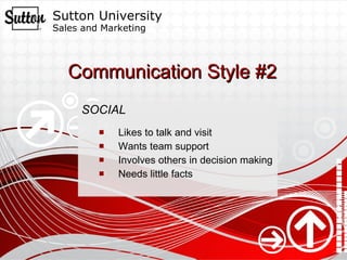 Communication Style #2 SOCIAL Likes to talk and visit Wants team support Involves others in decision making Needs little facts 