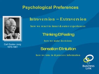 Psychological Preferences  Introversion – Extraversion how we react to inner & outer experiences Thinking – Feeling how we make decisions Sensation – Intuition how we take in & process information Carl Gustav Jung 1875-1961 
