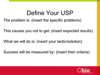 Define Your USP The problem is: (insert the specific problems) This causes you not to get: (insert expected results) What we will do is: (insert your tactic/solution) Success will be measured by: (insert their criteria) 