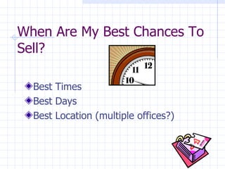 When Are My Best Chances To Sell?  Best Times Best Days  Best Location (multiple offices?)  