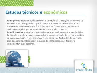 Estudos técnicos e econômicos
Canal gerencial: planejar, desenvolver e controlar as transações de envio e de
remessa e de checagem se o que foi acordado entre um fornecedor e um
cliente está sendo cumprido. É possível criar as fases a ser acompanhada
assim como definir prazos de entrega e capacidade produtiva.
Canal interativo: consultar informações para ter mais segurança nas decisões
facilitando e acelerando as informações já geradas através de um comparativo
de como você criou o seu produto e o seu processo; Avaliações de mercado
com dados segmentados com o auxílio de consultores, para facilitar e
implementar suas escolhas.
 