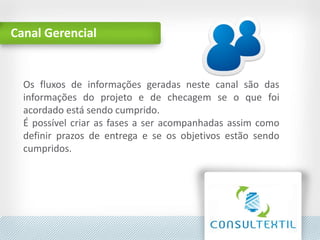 Canal Gerencial
Os fluxos de informações geradas neste canal são das
informações do projeto e de checagem se o que foi
acordado está sendo cumprido.
É possível criar as fases a ser acompanhadas assim como
definir prazos de entrega e se os objetivos estão sendo
cumpridos.
 