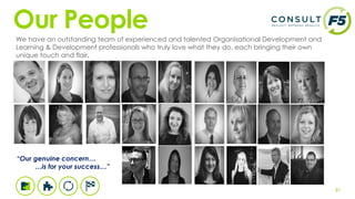21
We have an outstanding team of experienced and talented Organisational Development and
Learning & Development professionals who truly love what they do, each bringing their own
unique touch and flair.
“Our genuine concern…
…is for your success…”
Our People
 