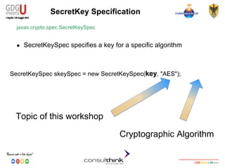 Android Security
Key Management
SecretKey Specification
javax.crypto.spec.SecretKeySpec
● SecretKeySpec specifies a key for a specific algorithm
SecretKeySpec skeySpec = new SecretKeySpec(key, "AES");
Topic of this workshop
Cryptographic Algorithm
 