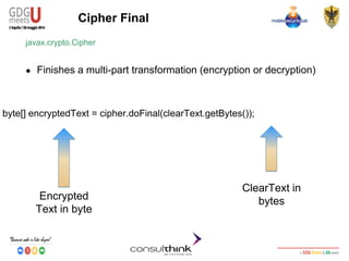Android Security
Key Management
Cipher Final
javax.crypto.Cipher
● Finishes a multi-part transformation (encryption or decryption)
byte[] encryptedText = cipher.doFinal(clearText.getBytes());
Encrypted
Text in byte
ClearText in
bytes
 