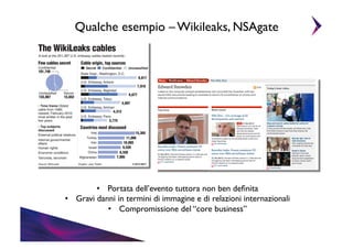 Qualche esempio – Wikileaks, NSAgate	


•  Portata dell’evento tuttora non ben deﬁnita	

•  Gravi danni in termini di immagine e di relazioni internazionali	

•  Compromissione del “core business”	


 