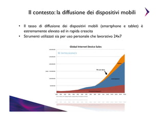 Il contesto: la diffusione dei dispositivi mobili	

•  Il tasso di diffusione dei dispositivi mobili (smartphone e tablet) è
estremamente elevato ed in rapida crescita	

•  Strumenti utilizzati sia per uso personale che lavorativo 24x7	


 