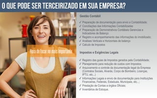 ✓ Preparação de documentação para envio a Contabilidade;
✓ Conciliações das Informações Contabilizadas
✓ Preparação de Demonstrativos Contábeis Gerencias e
Indicadores de Balanço
✓ Registro e acompanhamento das informações do imobilizado;
✓ Analises Verticais e Horizontais de balanço
✓ Calculo de Impostos
o que pode ser terceirizado em sua empresa?
Gestão Contábil
✓ Registro das guias de Impostos gerados pela Contabilidade;
✓ Planejamento para redução de custos com Impostos;
✓ Arquivamento e controle da documentação legal da Empresa
(Contratos Sociais, Alvarás, Corpo de Bombeiro, Licenças,
IPTU, etc...)
✓ Informações Legais e envio de documentação para Instituições
Financeiras, Federais, Estaduais, Municipais, etc...;
✓ Prestação de Contas a órgãos Oficiais;
✓ Inventários de Estoque.
Impostos e Exigências LegaisHoradefocarnomaisimportante
 