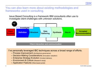 © 2010 IBM Corporation9
You can also learn more about existing methodologies and
frameworks used in consulting.
Client
Problem
Accepted
Recommendation
Definition Structure
Data
Gathering
Synthesis Buy-In
Client interaction and communication
Investigate
I’ve personally leveraged IBC techniques across a broad range of efforts.
– Process Improvement (Architecture governance)
– Decision-Making Considerations (Innovation valuation)
– Enterprise Strategy Evolution (Content delivery)
– Environment & Culture (Research study)
– Application Features (Role-based portal)
Issue Based Consulting is a framework IBM consultants often use to
investigate client challenges with unknown solutions.
 