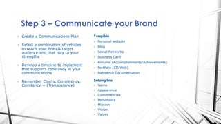 Step 3 – Communicate your Brand
• Create a Communications Plan
• Select a combination of vehicles
to reach your Brands target
audience and that play to your
strengths
• Develop a timeline to implement
that supports constancy in your
communications
• Remember Clarity, Consistency,
Constancy = (Transparency)
Tangible
• Personal website
• Blog
• Social Networks
• Business Card
• Resume (Accomplishments/Achievements)
• Portfolio (CD/Web)
• Reference Documentation
Intangible
• Name
• Appearance
• Competencies
• Personality
• Mission
• Vision
• Values
 