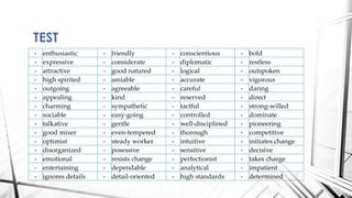 TEST
- enthusiastic - friendly - conscientious - bold
- expressive - considerate - diplomatic - restless
- attractive - good natured - logical - outspoken
- high spirited - amiable - accurate - vigorous
- outgoing - agreeable - careful - daring
- appealing - kind - reserved - direct
- charming - sympathetic - tactful - strong-willed
- sociable - easy-going - controlled - dominate
- talkative - gentle - well-disciplined - pioneering
- good mixer - even-tempered - thorough - competitive
- optimist - steady worker - intuitive - initiates change
- disorganized - posessive - sensitive - decisive
- emotional - resists change - perfectionist - takes charge
- entertaining - dependable - analytical - impatient
- ignores details - detail-oriented - high standards - determined
 