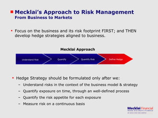 Mecklai’s Approach to Risk Management From Business to Markets Focus on the business and its risk footprint FIRST; and THEN develop hedge strategies aligned to business. Understand Risk Quantify Risk  Appetite Define Hedge Strategy Hedge Strategy should be formulated only after we: Understand risks in the context of the business model & strategy Quantify exposure on time, through an well-defined process Quantify the risk appetite for each exposure Measure risk on a continuous basis Mecklai Approach Quantify Exposure 