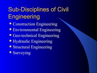 Sub-Disciplines of CivilSub-Disciplines of Civil
EngineeringEngineering
Construction Engineering
Environmental Engineering
Geo-technical Engineering
Hydraulic Engineering
Structural Engineering
Surveying
 