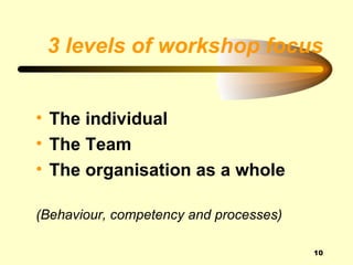 3 levels of workshop focus


• The individual
• The Team
• The organisation as a whole

(Behaviour, competency and processes)

                                        10
 