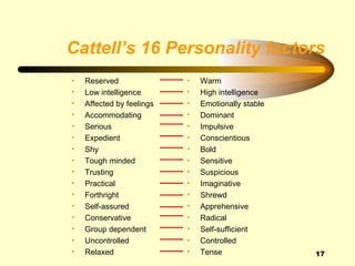 Cattell’s 16 Personality factors
•   Reserved               •   Warm
•   Low intelligence       •   High intelligence
•   Affected by feelings   •   Emotionally stable
•   Accommodating          •   Dominant
•   Serious                •   Impulsive
•   Expedient              •   Conscientious
•   Shy                    •   Bold
•   Tough minded           •   Sensitive
•   Trusting               •   Suspicious
•   Practical              •   Imaginative
•   Forthright             •   Shrewd
•   Self-assured           •   Apprehensive
•   Conservative           •   Radical
•   Group dependent        •   Self-sufficient
•   Uncontrolled           •   Controlled
•   Relaxed                •   Tense                17
 