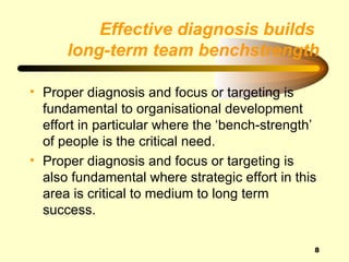 Effective diagnosis builds
      long-term team benchstrength

• Proper diagnosis and focus or targeting is
  fundamental to organisational development
  effort in particular where the ‘bench-strength’
  of people is the critical need.
• Proper diagnosis and focus or targeting is
  also fundamental where strategic effort in this
  area is critical to medium to long term
  success.

                                                8
 