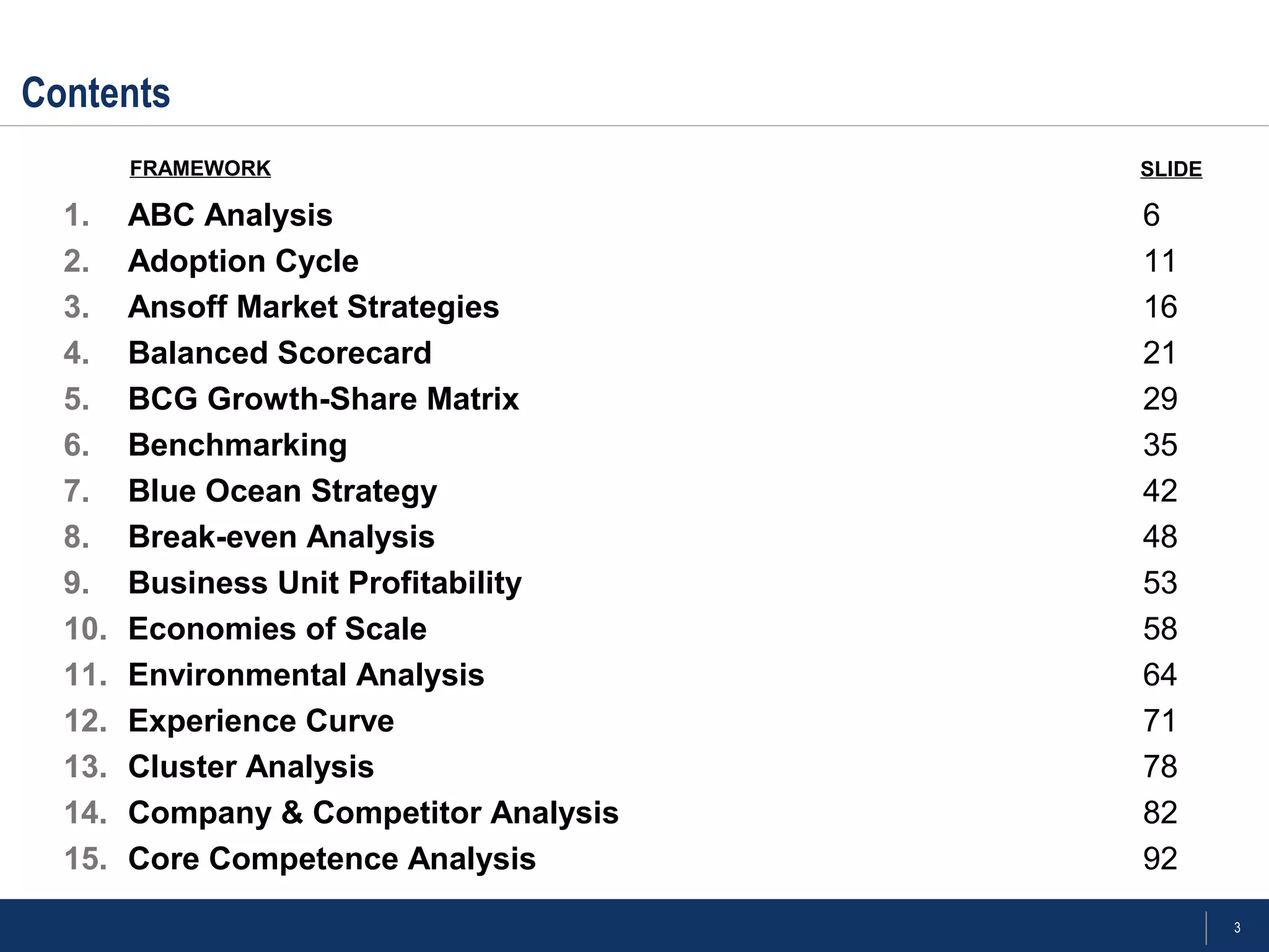 3
Contents
1. ABC Analysis 6
2. Adoption Cycle 11
3. Ansoff Market Strategies 16
4. Balanced Scorecard 21
5. BCG Growth-Share Matrix 29
6. Benchmarking 35
7. Blue Ocean Strategy 42
8. Break-even Analysis 48
9. Business Unit Profitability 53
10. Economies of Scale 58
11. Environmental Analysis 64
12. Experience Curve 71
13. Cluster Analysis 78
14. Company & Competitor Analysis 82
15. Core Competence Analysis 92
FRAMEWORK SLIDE
 
