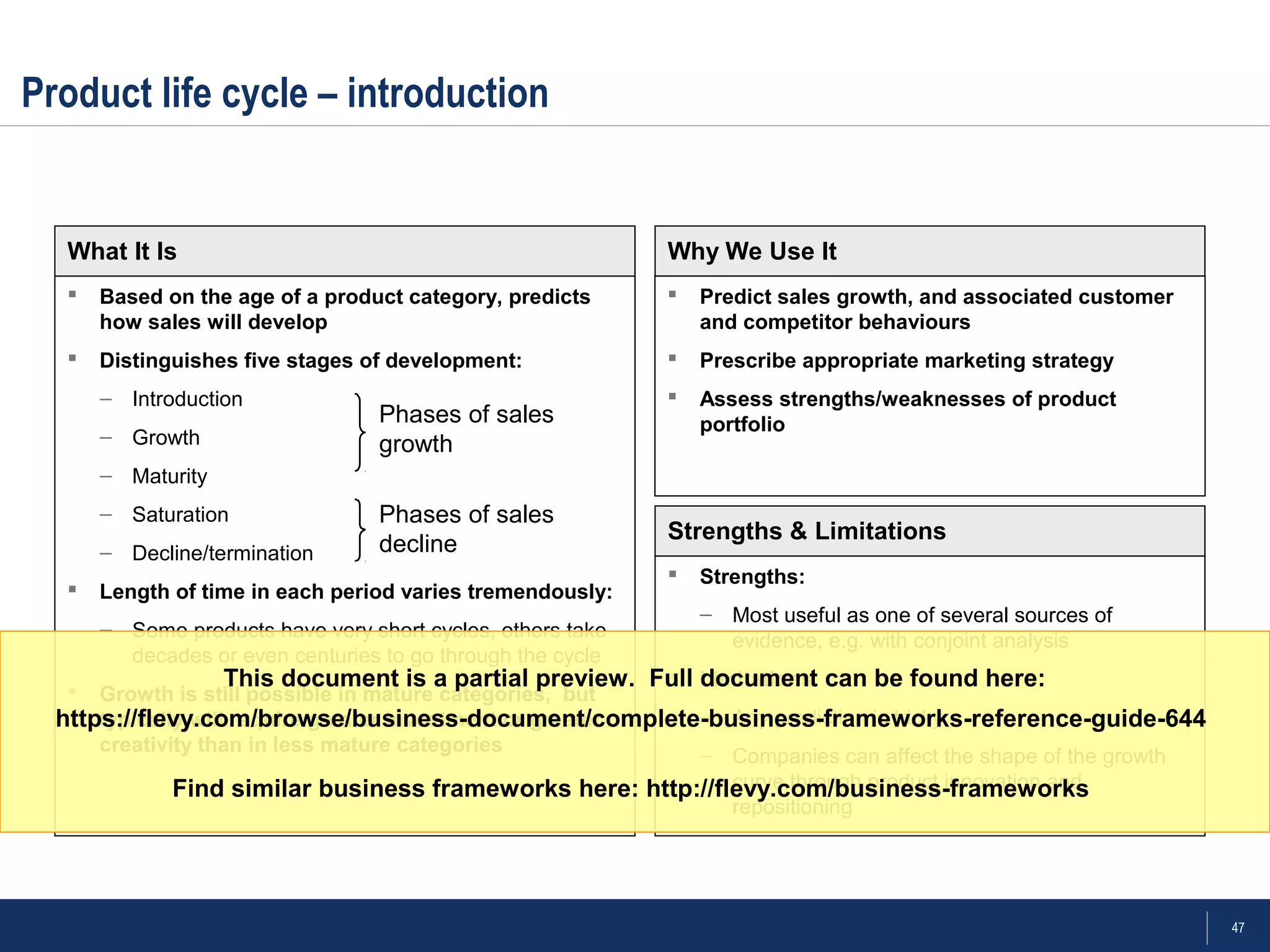 47
 Based on the age of a product category, predicts
how sales will develop
 Distinguishes five stages of development:
– Introduction
– Growth
– Maturity
– Saturation
– Decline/termination
 Length of time in each period varies tremendously:
– Some products have very short cycles, others take
decades or even centuries to go through the cycle
 Growth is still possible in mature categories, but
typically will require greater investment or greater
creativity than in less mature categories
Product life cycle – introduction
Phases of sales
growth
Phases of sales
decline
What It Is Why We Use It
 Strengths:
– Most useful as one of several sources of
evidence, e.g. with conjoint analysis
 Limitations:
– Any prediction is tricky
– Companies can affect the shape of the growth
curve through product innovation and
repositioning
Strengths & Limitations
 Predict sales growth, and associated customer
and competitor behaviours
 Prescribe appropriate marketing strategy
 Assess strengths/weaknesses of product
portfolio
This document is a partial preview. Full document can be found here:
https://flevy.com/browse/business-document/complete-business-frameworks-reference-guide-644
Find similar business frameworks here: http://flevy.com/business-frameworks
 
