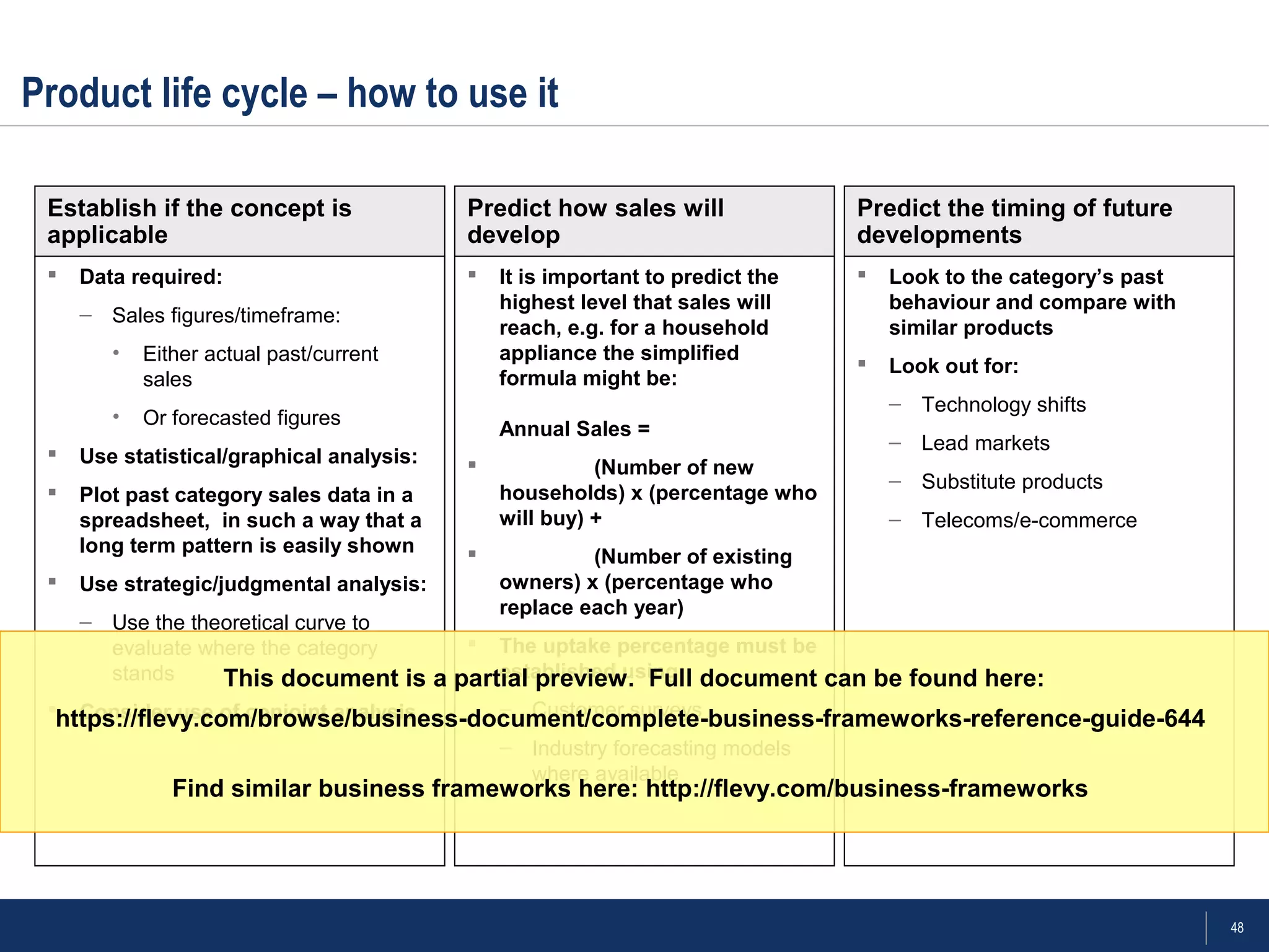 48
Product life cycle – how to use it
Establish if the concept is
applicable
Predict how sales will
develop
Predict the timing of future
developments
 Look to the category’s past
behaviour and compare with
similar products
 Look out for:
– Technology shifts
– Lead markets
– Substitute products
– Telecoms/e-commerce
 It is important to predict the
highest level that sales will
reach, e.g. for a household
appliance the simplified
formula might be:
Annual Sales =
 (Number of new
households) x (percentage who
will buy) +
 (Number of existing
owners) x (percentage who
replace each year)
 The uptake percentage must be
established using:
– Customer surveys
– Industry forecasting models
where available
 Data required:
– Sales figures/timeframe:
• Either actual past/current
sales
• Or forecasted figures
 Use statistical/graphical analysis:
 Plot past category sales data in a
spreadsheet, in such a way that a
long term pattern is easily shown
 Use strategic/judgmental analysis:
– Use the theoretical curve to
evaluate where the category
stands
 Consider use of conjoint analysis
This document is a partial preview. Full document can be found here:
https://flevy.com/browse/business-document/complete-business-frameworks-reference-guide-644
Find similar business frameworks here: http://flevy.com/business-frameworks
 