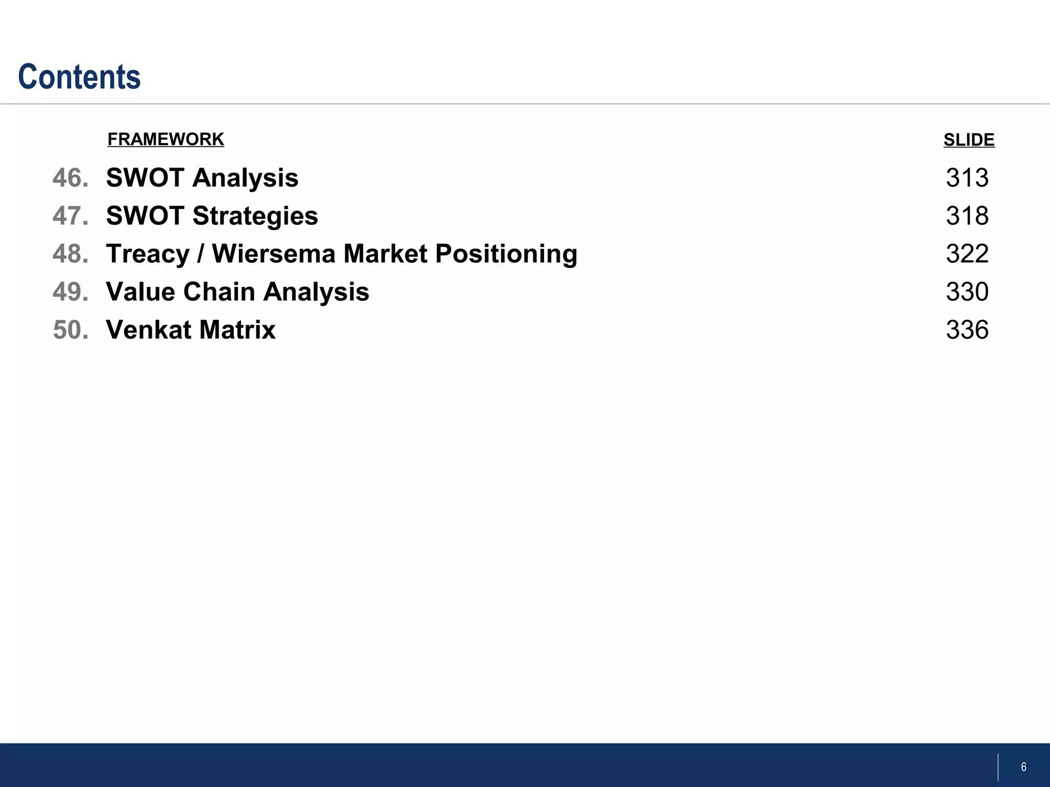 6
Contents
46. SWOT Analysis 313
47. SWOT Strategies 318
48. Treacy / Wiersema Market Positioning 322
49. Value Chain Analysis 330
50. Venkat Matrix 336
FRAMEWORK SLIDE
 